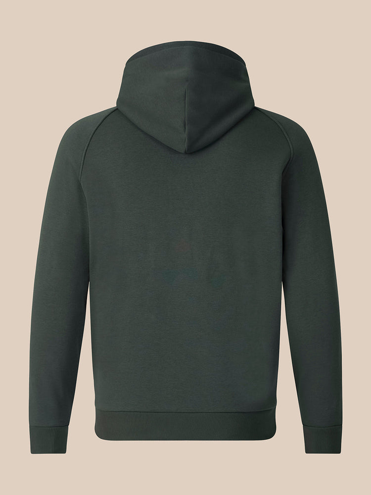 A dark gray-green hooded sweatshirt shown from the back, featuring a simple stitched hood and long sleeves, set against a solid beige background.