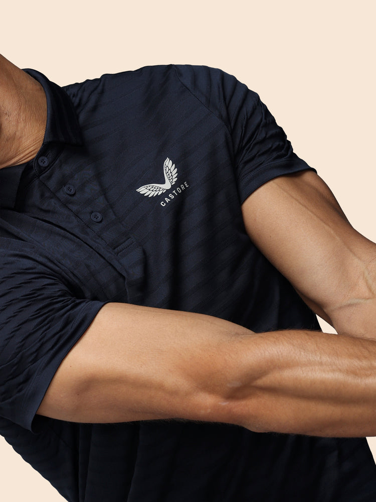 Heren Golf Pique Gestreepte Polo - Marineblauw