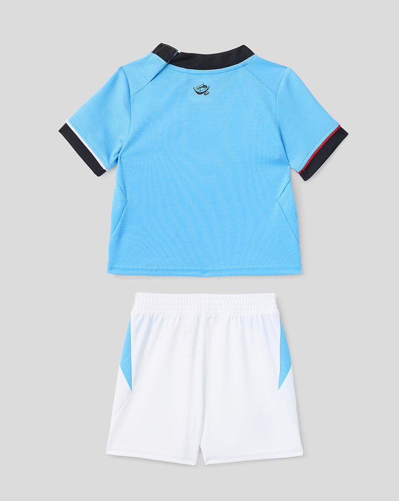Feyenoord baby football kit featuring a sky blue jersey and white shorts with blue side panels