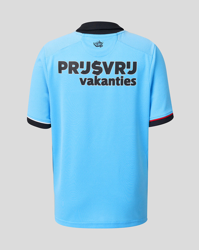 Back view of a light blue Feyenoord junior away shirt showing bold text across the back