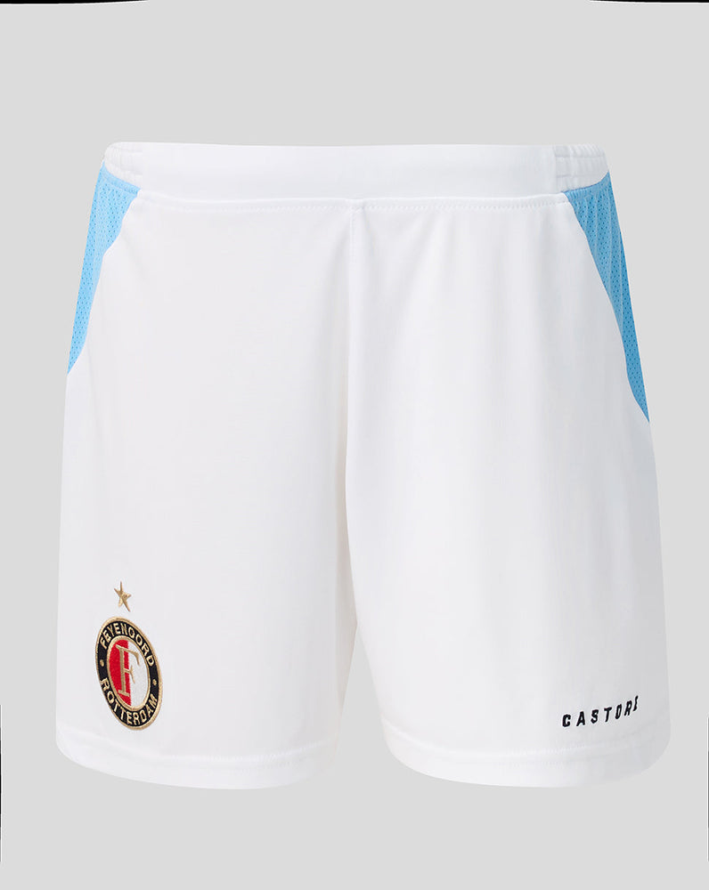 White Feyenoord junior shorts with blue side panels and club crest on the left leg
