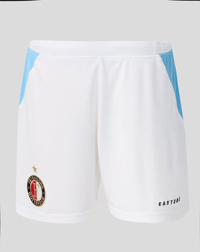 White Feyenoord junior shorts with blue side panels and club crest on the left leg