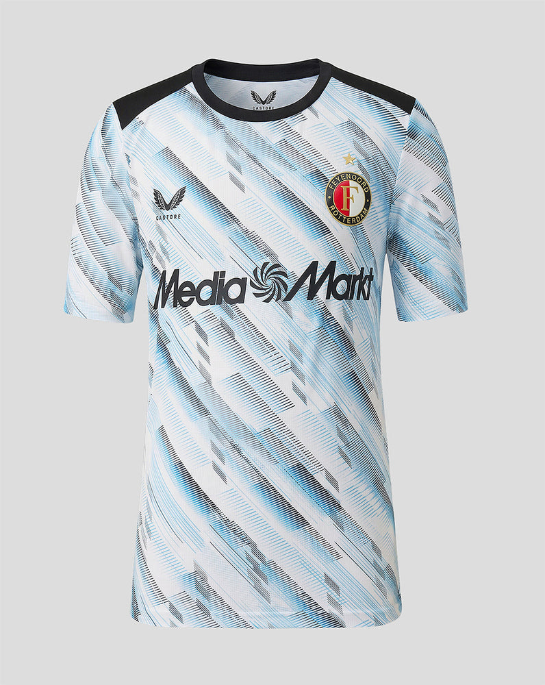 Junior Feyenoord matchday T shirt with diagonal blue pattern and Media Markt sponsor