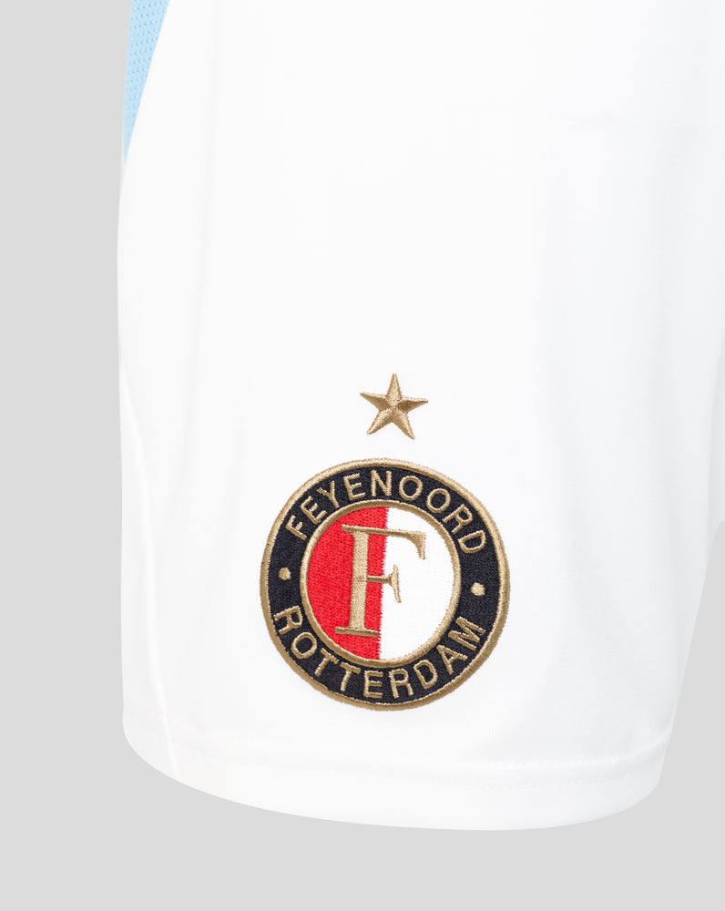 White Feyenoord away shorts close up showing a gold star above the round club crest