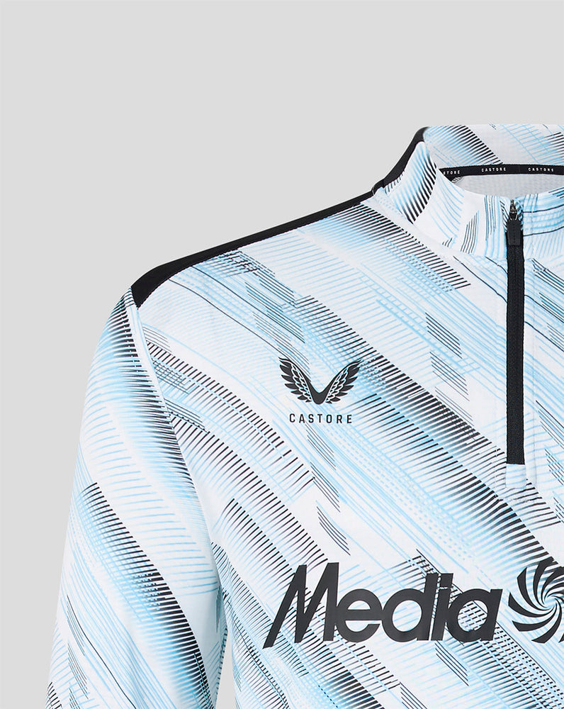 Shoulder and chest close-up of the Feyenoord Uit Matchday midlayer top with zipper and crest on light blue graphic fabric