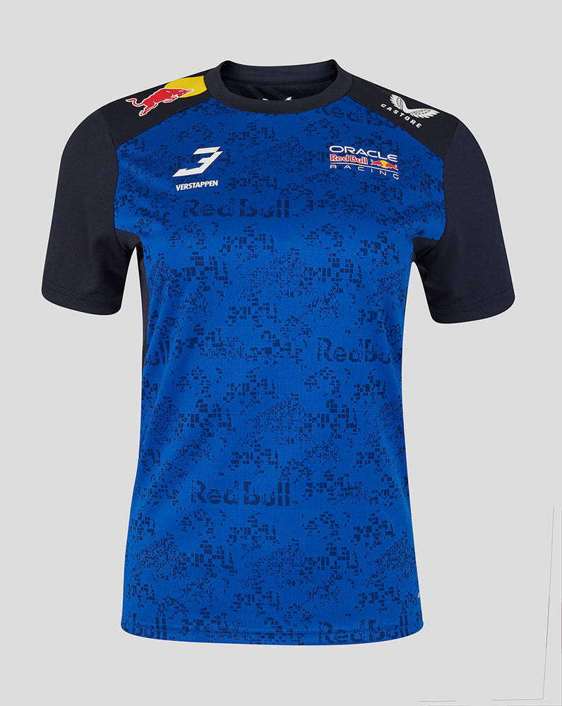 Blue sports jersey with various logos on a gray background