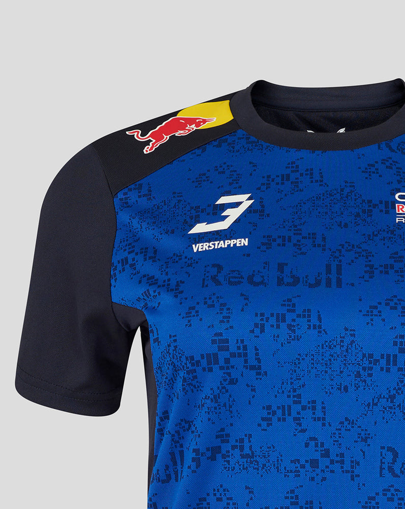 Blue and black sports jersey with Red Bull and Verstappen branding on a light gray background