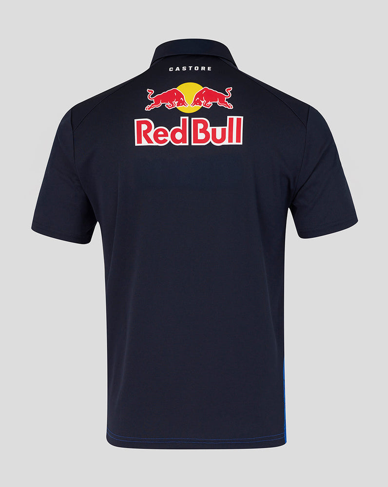 Navy blue polo shirt with Red Bull logo on the back against a light gray background