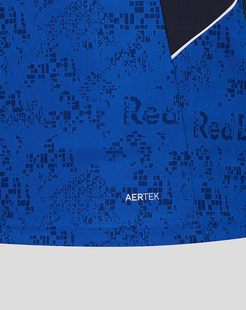 Blue jacket with black pattern and 'AERTEK' branding on a white background