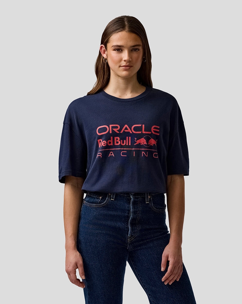 Person wearing a navy blue 'Oracle Red Bull Racing' t-shirt on a light gray background